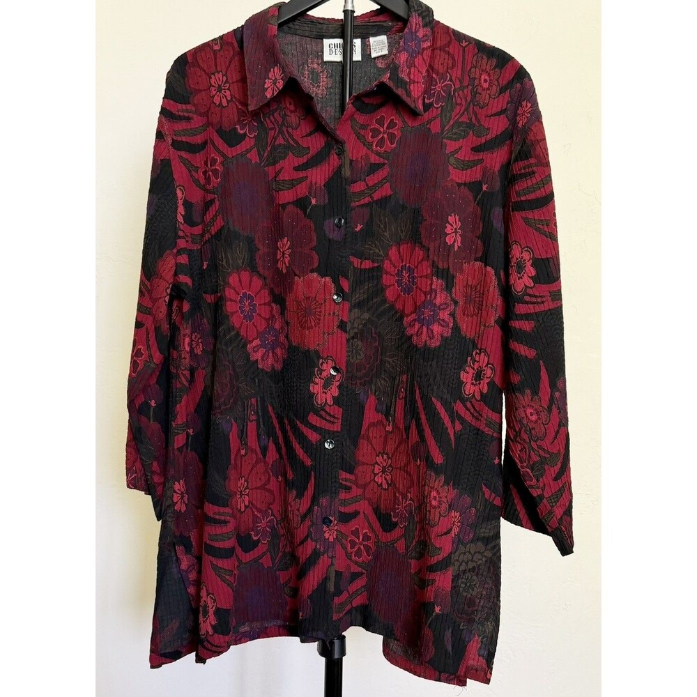 Chicos Design Textured Silk Tunic Top Red Black Floral 3 XL Artsy Dark Romantic